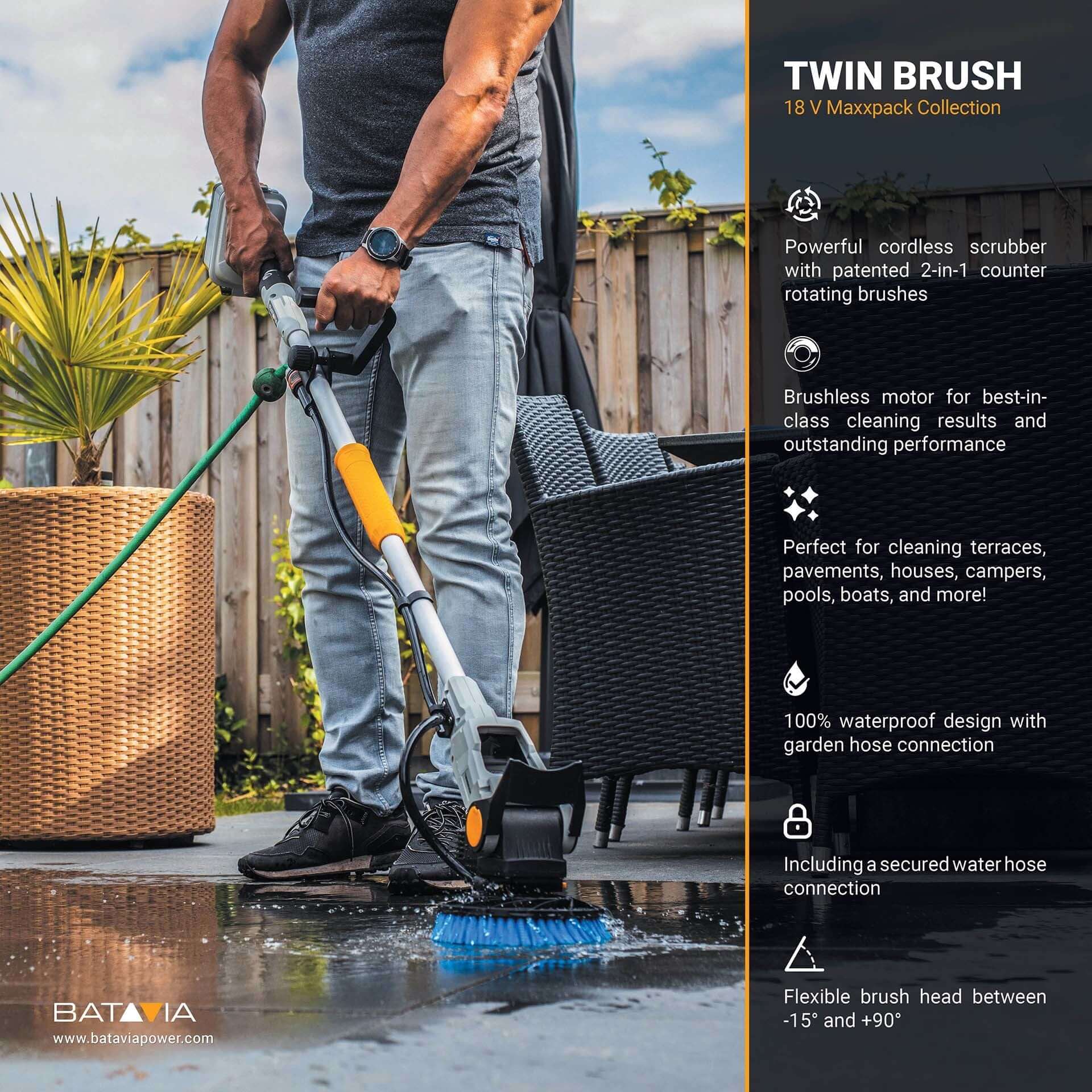 18V Twin Brush Cordless Brushless Power Scrubber - Incl. 2.0Ah Battery, 2.4A Charger, Extention Pole, Soap Dispenser And All Brushes - Image 8